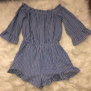 blue and white striped off the shoulder romper!!